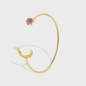 Mond Form Offener Armreif Für Damen Gold Vergoldet Kupfer Lila Roher Amethyst Stein Elegant Böhmischer Schmuck Verstellbar