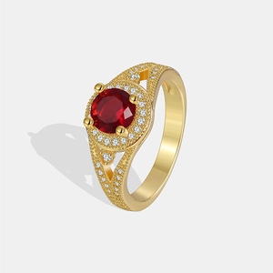 Bague en Cuivre Plaqué Or avec Zirconia Rouge Rond Vintage Français Femme Simple Micro Incrusté Bijoux CZ Moderne