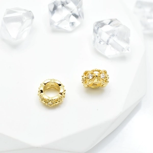 Hollow wheel charm beads with micro-pave zircons for DIY jewelry making in 18K gold finish