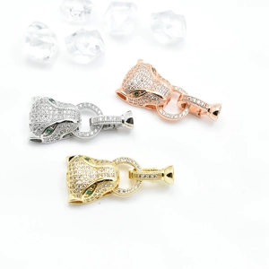 Iced out leopard head jewelry clasps with green eyes in gold silver and rose gold