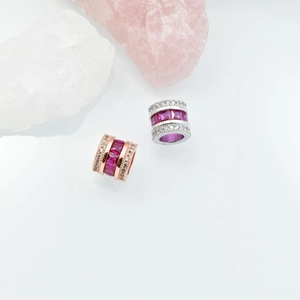 18K gold plated cylinder charms with ruby red zircons and diamonds for DIY bracelets