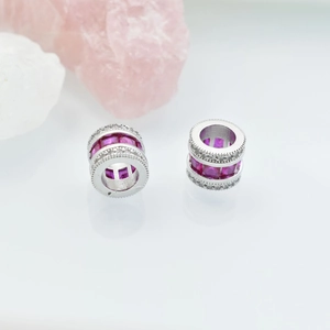18K gold plated cylinder charms with pink square-cut gemstones and sparkling micro diamonds