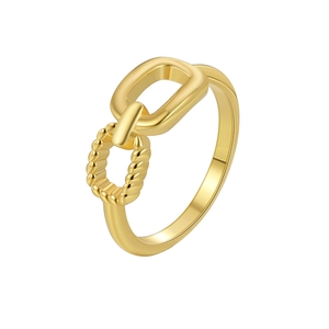 Minimalist gold plated asymmetrical ring with smooth and twisted rope interlocking links