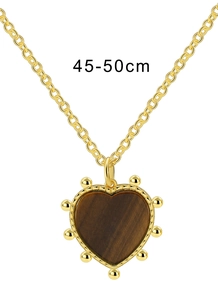 Close-up of heart-shaped tiger eye pendant necklace with 45-50cm adjustable gold chain