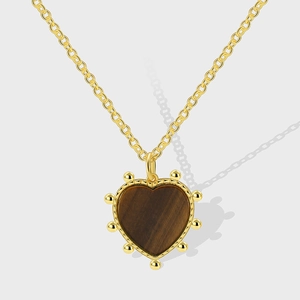 Vintage 18K Gold Plated Copper Heart Pendant Necklace With Natural Brown Tiger Eye Stone For Women Retro Fashion Jewelry