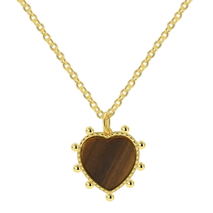 Vintage golden heart necklace with natural tiger eye stone pendant on white background