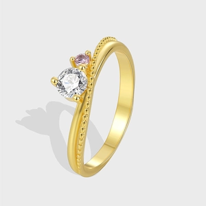 Luxury Gold Plated Copper Ring For Women Minimalist Double Row White Pink Cubic Zirconia Inlaid Fashion Finger Ring Jewelry