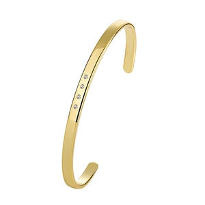 Minimalist gold plated brass open bangle featuring four sparkling cubic zirconia stones