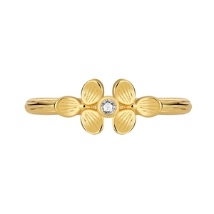 Lucky clover zircon ring in gold finish with textured band and luxury petal design