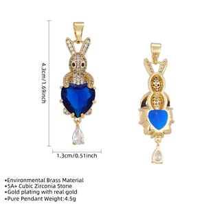Gold rabbit pendant with blue heart gemstone and 5A cubic zirconia, 4.3cm tall