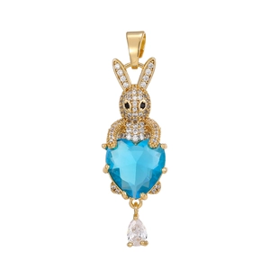 Gold plated rabbit pendant with micro-set cubic zirconia and blue heart gemstone