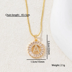 Detailed size chart for gold letter A pendant necklace with CZ stones and dimensions