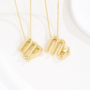 Gold Plated Alloy Zodiac Constellation Pendant Necklace Chubby Bubble Balloon Style Twelve Signs Jewelry Gift For Women