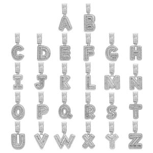 Iced out hip hop jewelry set featuring 26 alphabet pendants with baguette cubic zirconia