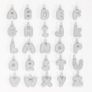 Detailed grid showing full A-Z iced out bubble letter pendants with silver cubic zirconia