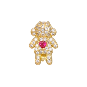 Detailansicht goldener Teddybär-Anhänger mit Zirkonia-Besatz und rotem Herzstein