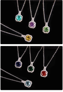 Detailed view of octagon halo necklace pendants with colorful round zircon gemstones