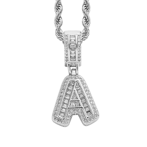 Hip hop silver-toned initial A pendant necklace with baguette zircons and rope chain