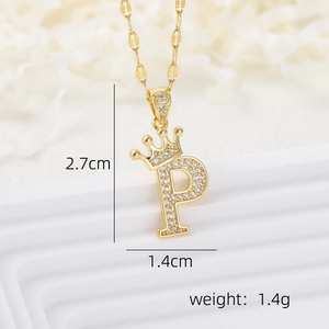 Detail of 18k gold plated crown letter P pendant with micro-set zircon and measurements
