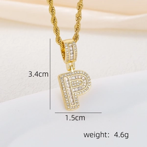 Macro detail of 18k gold plated letter P pendant showing 3.4cm height and zircon inlay