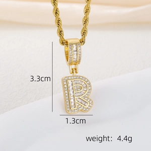 Detailed size view of gold 18k letter R pendant with cubic zirconia and rope chain
