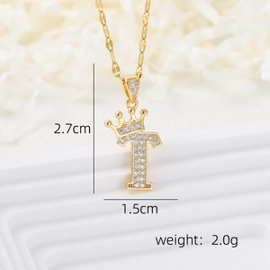 Detailed view of gold crown initial T necklace with zircon measurements 2.7cm by 1.5cm