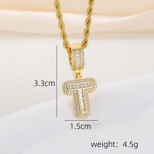 Detail of 18k gold plated letter T pendant with cubic zirconia and size dimensions