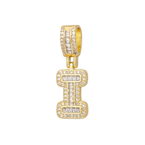 Close-up of gold-plated letter I pendant with white crystals and micro-pave setting