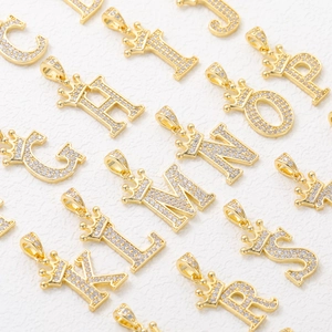 18k gold plated copper initial letter pendant necklace with crown and CZ zircon