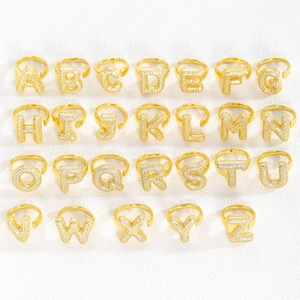 Adjustable 18k gold plated bubble letter rings with A-Z sparkling zircon pavé setting