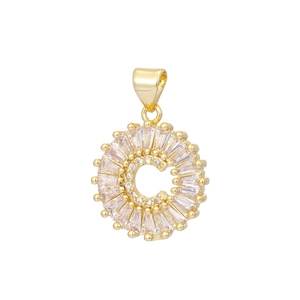 Macro view of 18k gold plated letter C pendant with shimmering cubic zirconia stones