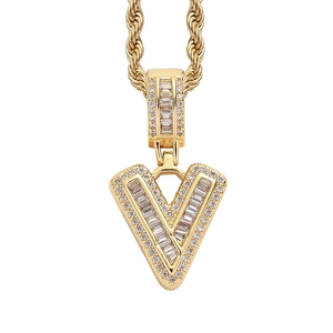 Close-up of hip hop gold pendant necklace with ice zircon V-letter and rope chain