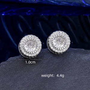 Detail view of round 1.0cm silver stud earrings with micro-pave cubic zirconia stones