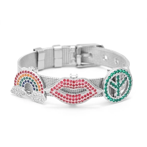 Detail of 10mm mesh strap bracelet with rainbow, red lips and peace sign crystal charms