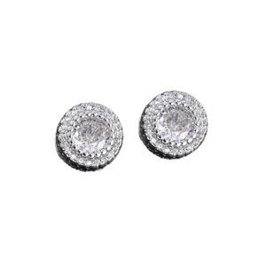 Classic silver halo stud earrings with round cubic zirconia and micro-pave diamonds