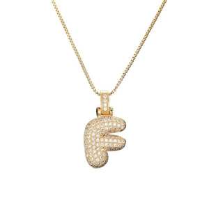 Collier hip hop avec pendentif lettre F bulle dorée serti de zircons scintillants