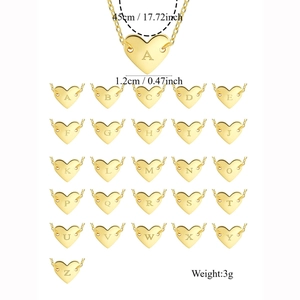 Elegant gold brass heart necklace with 26 alphabet initials and 45cm link chain