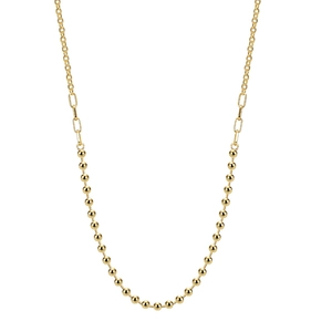 Modern gold beaded necklace featuring polished metallic spheres and a delicate link chain