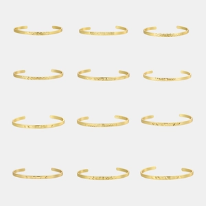 Minimalist 18K Gold Plated Copper Cuff Bangle For Women Etched Geometric Diamond Cut Adjustable Fashion Jewelry Bracelet