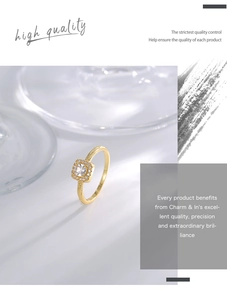 Detailed close-up of a gold square zircon ring with textured band and sparkling stones