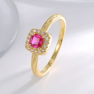 Exquisite gold-plated ring with square red zircon and textured band for women
