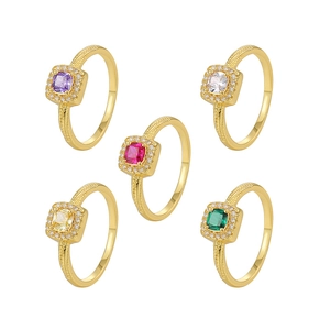 Minimalist gold plated rings with multi-color halo zircons in five vibrant gemstone shades