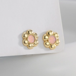 Retro 18K gold plated flower stud earrings with pink opal center stone on white card