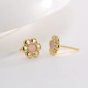 Elegant 18K gold plated flower stud earrings with pink opal center for women