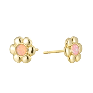 Vintage 18K gold plated flower stud earrings with pink opal stone on white background