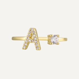 18K Gold Plated Copper Initial Letter Open Ring With Cubic Zirconia Minimalist Adjustable Alphabet A-Z Finger Ring Jewelry