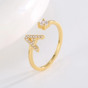 18K gold-plated initial A ring with cubic zirconia letter and square crystal stone