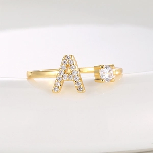 18K gold plated adjustable open ring featuring crystal letter A and round zircon stone