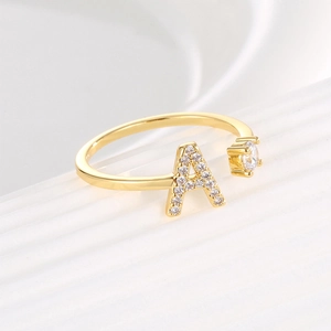 Adjustable 18K gold plated letter A ring with sparkling cubic zirconia stones
