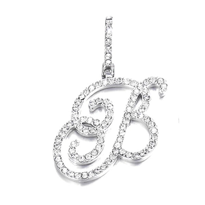 Iced out cursive initial letter B pendant with silver finish and micro pave zircons